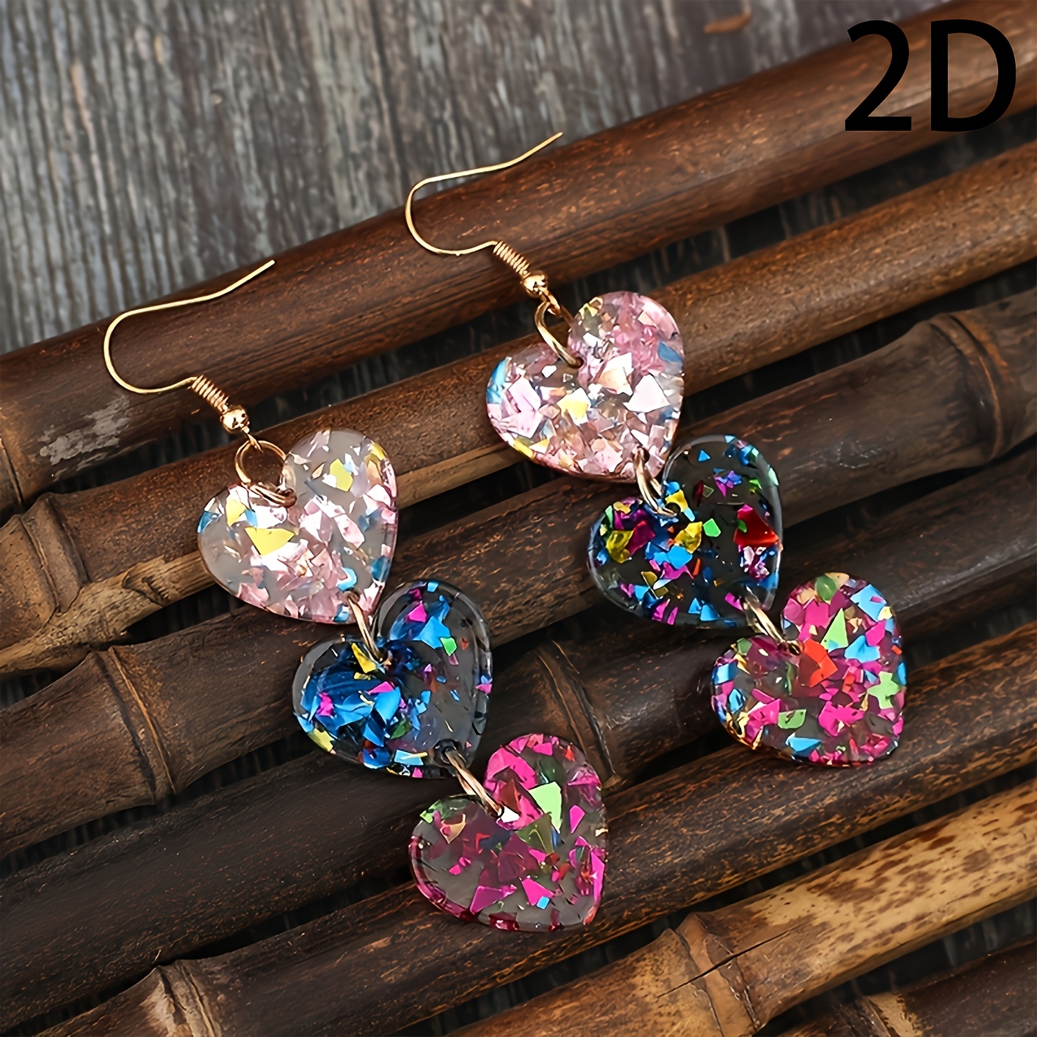 TEMU 2d Flat - 2d 1 Pair Retro Style Glitter Acrylic Heart Pendant Earrings, With Multicolor Sequins - Ideal For Valentine's Day, Cute Earrings (, No