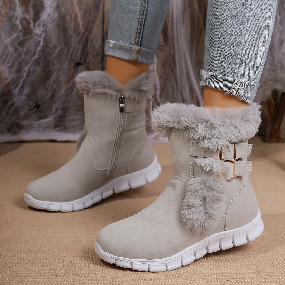 

Women's Winter Snow Boots, Faux Fur Lined, Mid-calf Sole, Zipper Closure, Solid Color, Fabric Upper, Pu Sole, Fabric Lining, Re Na Brand, Regular Toe, Medium Heel