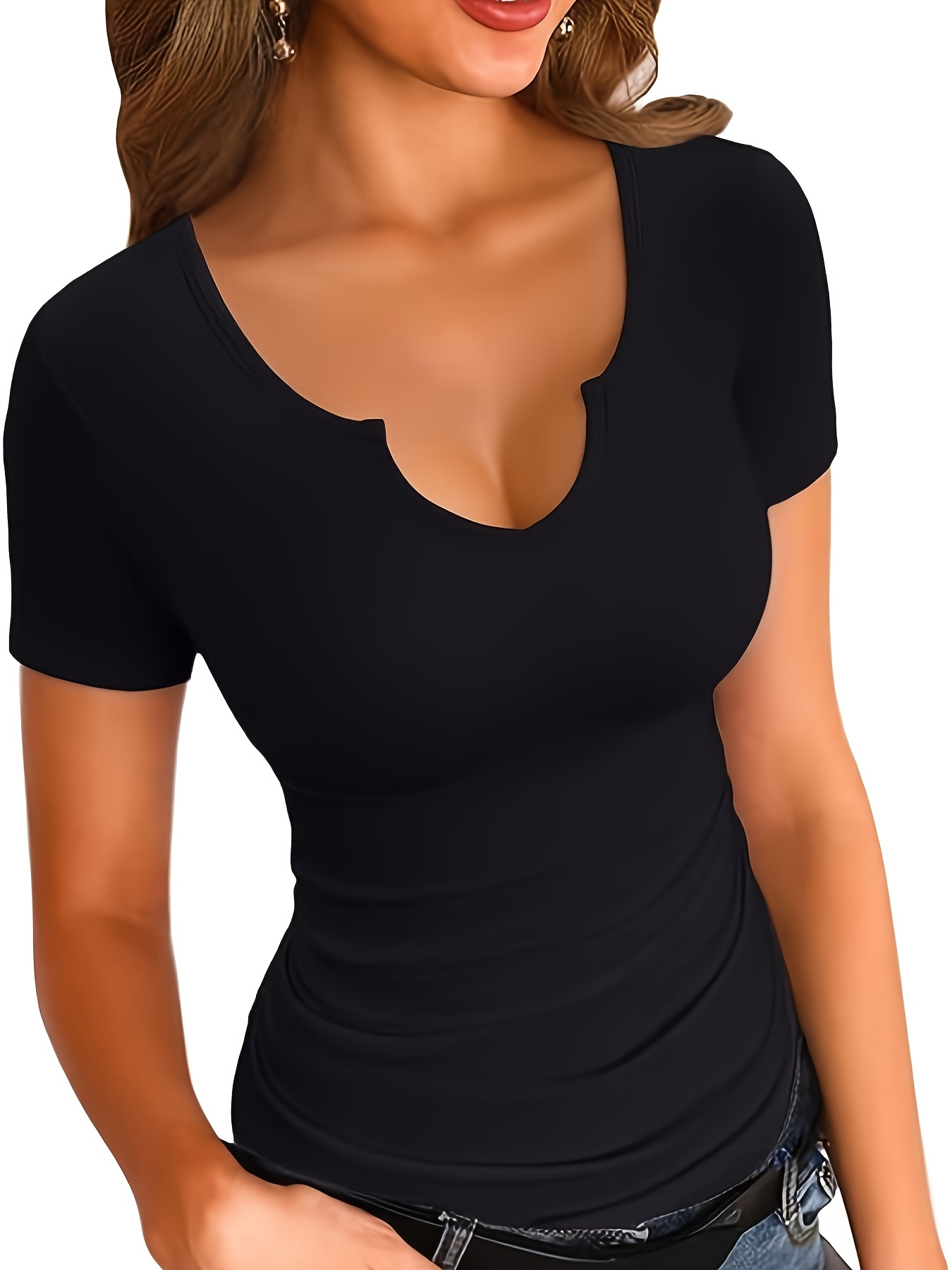 womens short sleeve v neck t shirt fit stretchy top Temu Switzerland