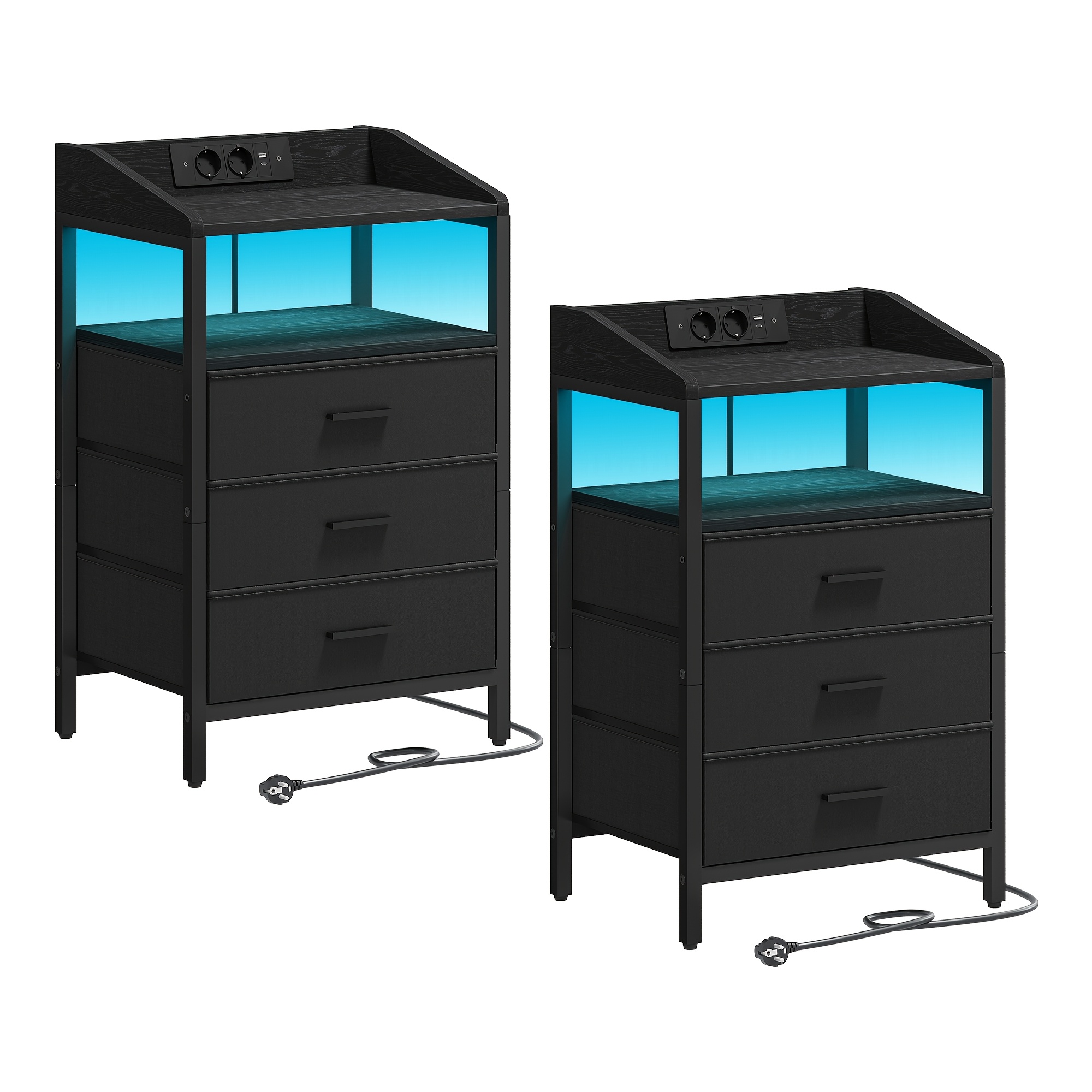 Image of Set Of 2 Cloth Drawer Cabinet With Led Lights And Charging Station, Side Table With 3 Fabric Drawers And Shelves, Storage For Clothes With Usb Ports & Sockets, For Bedroom, Living Room, Black