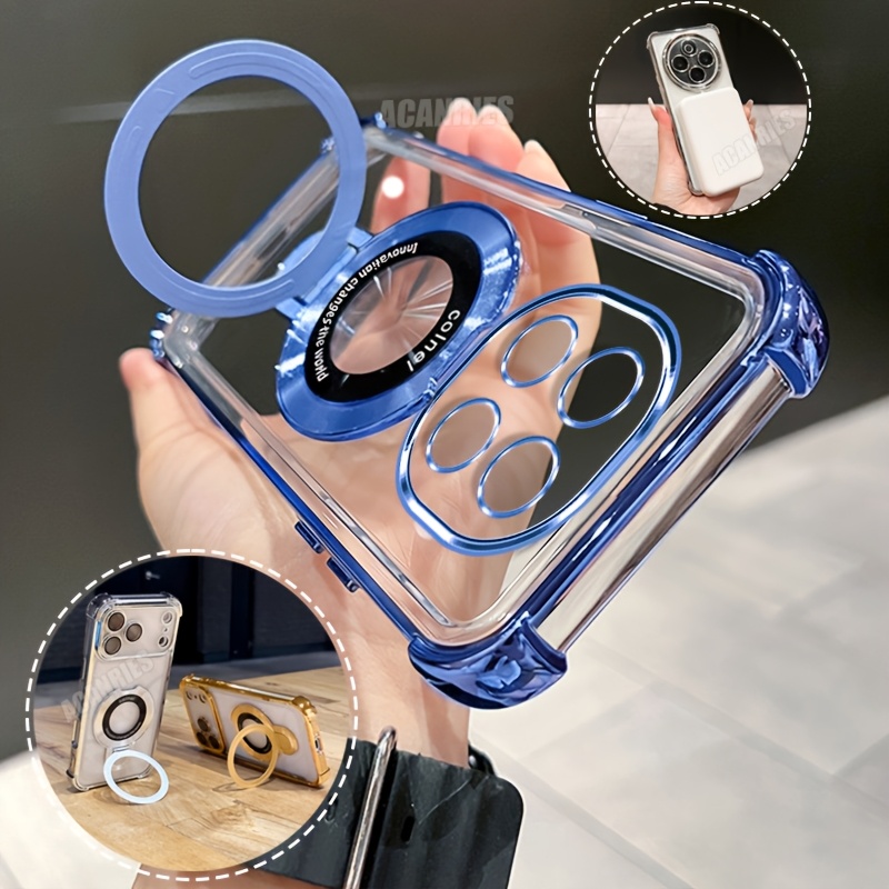 TEMU Phone Case - Acanries Luxury Thin Ring Folding Stand Holder Bracket Plating Clear Shockproof Protective Phone Case For Xiaomi Redmi Note 15 Pro