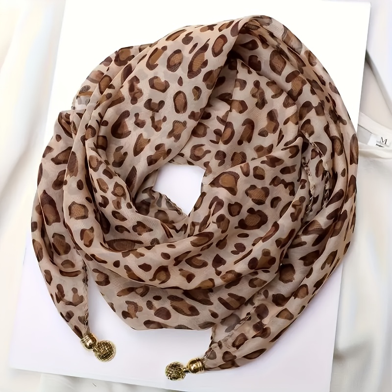 Women's Bohemian Leopard Print Scarf – Soft Neck Warmer With Golden Bead Embellishments, Lightweight And Machine Washable, Suitable For , A Stylish And Versatile Accessory, Vintage Warm Shawl