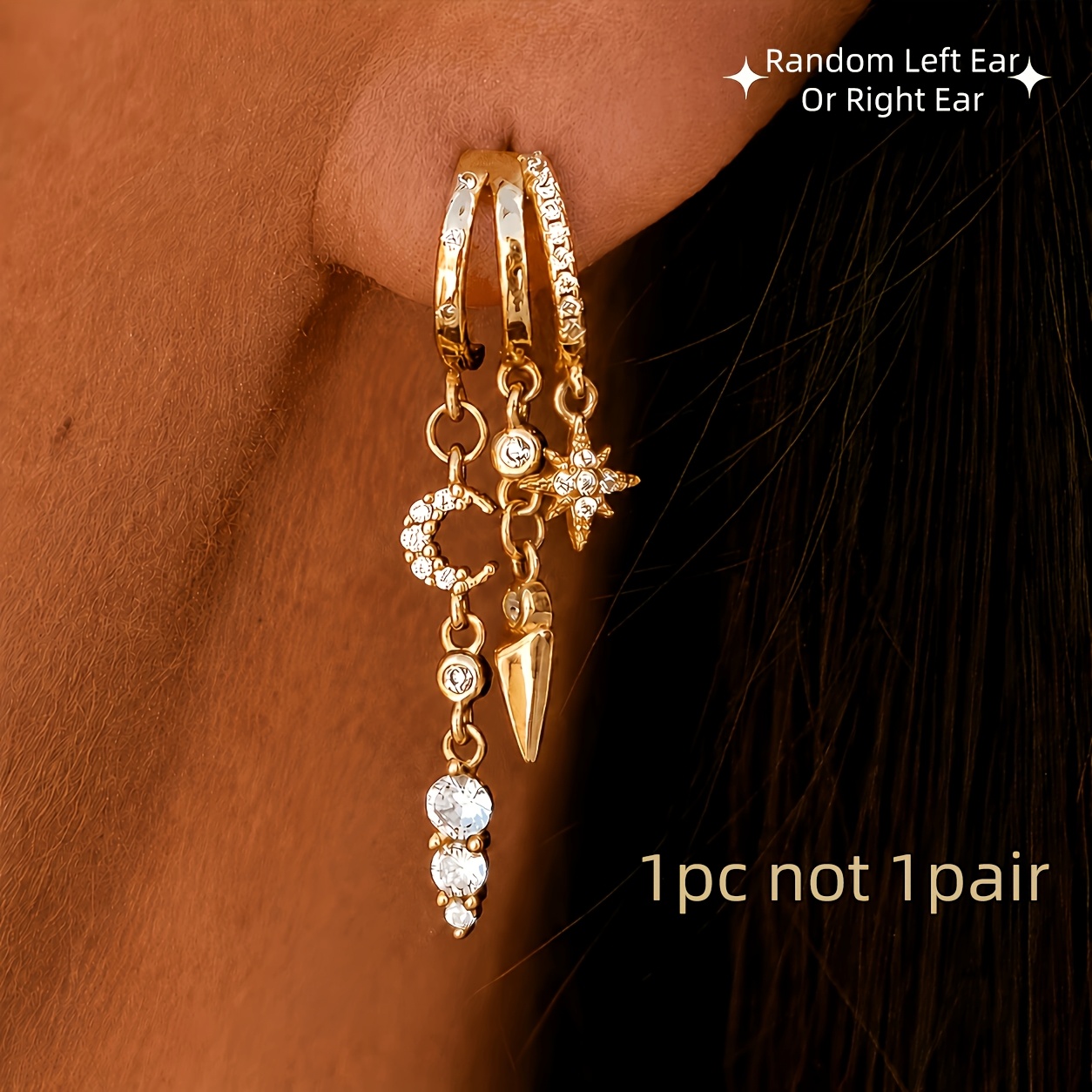 Image of Single Earring, Not A Pair, Trendy Triple Huggie Stud Earrings, Random Left Or Right Ear, Dainty Dangle Small Hoop Long Drop Chain Earrings, Non Tarnish Jewelry