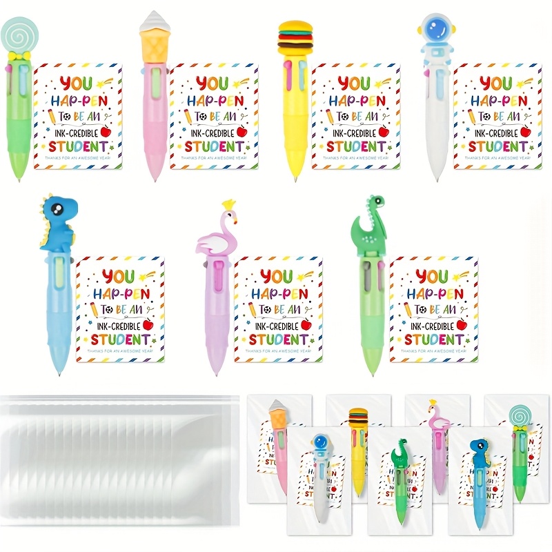 84pcs 28sets end of year student gifts   cute cartoon 4 in 1 multicolor retractable ballpoint pens with gift cards suitable for school party gifts and bulk for school exchange gifts Product details 0