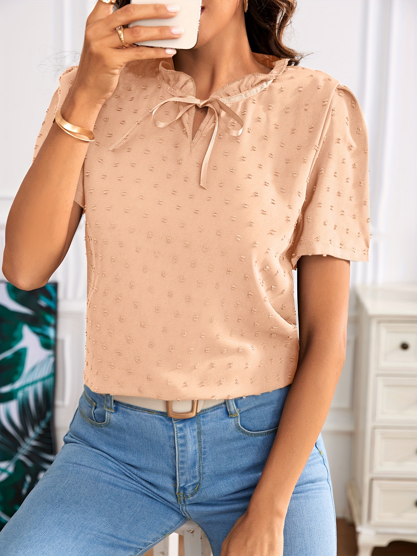 Elegant Deep V-Neck Lace-Up Blouse for Women - Chic Solid Color Shirting Style with Eyelet Detail, Versatile for All Seasons