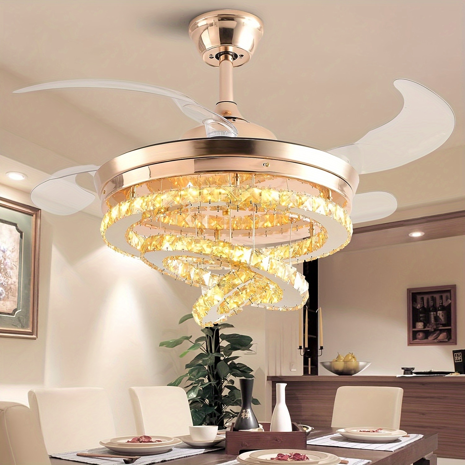 42"Gold Crystal Invisible Ceiling Fan Light LED 3-Color