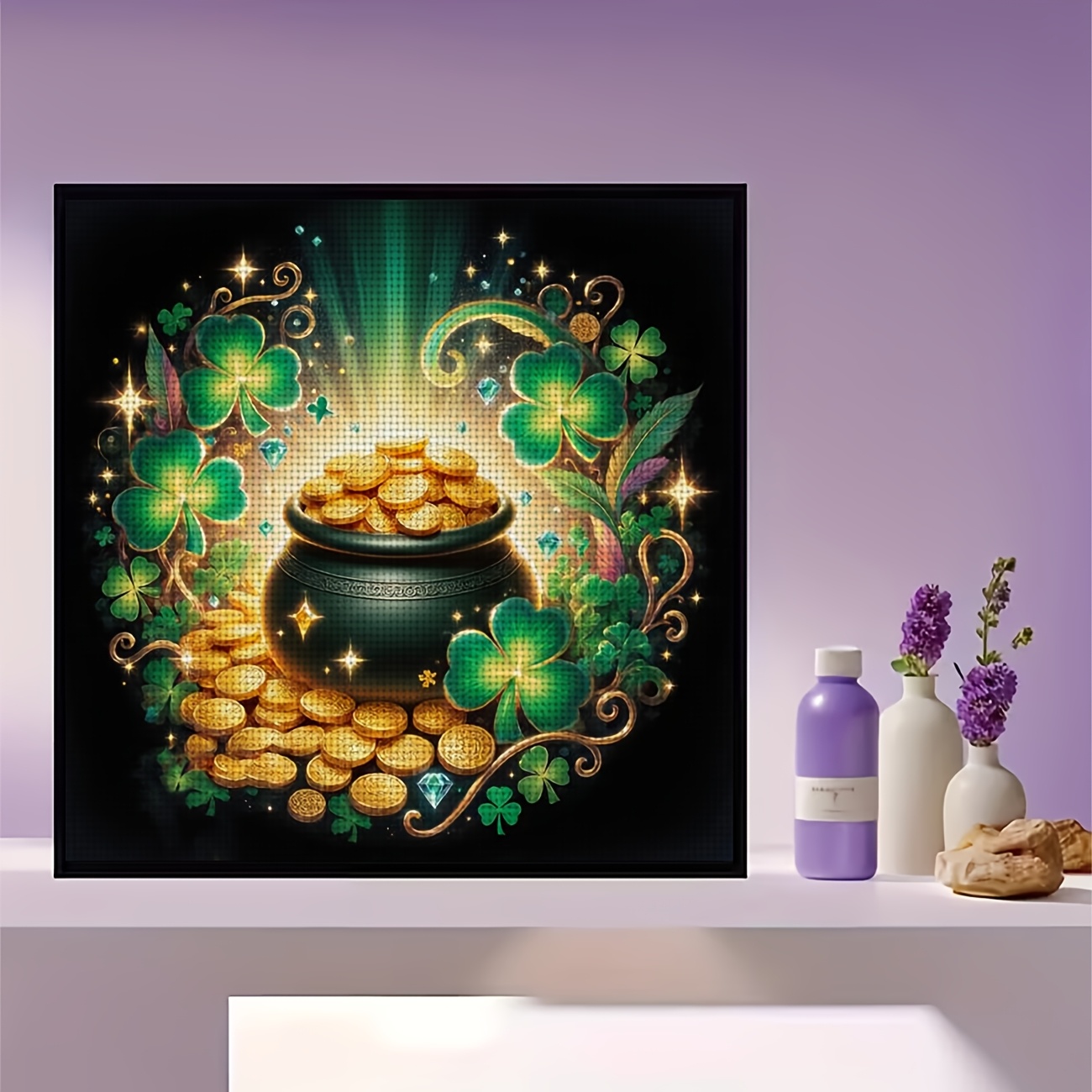 Cross Stitch Kit 'Golden Urn and Coins Four Leaf Clover' Pattern