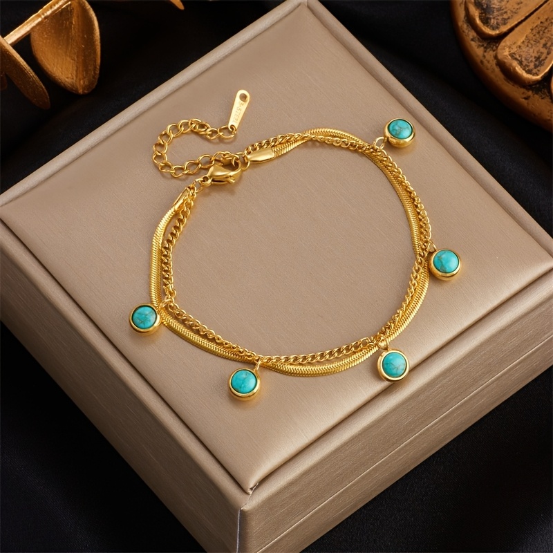Image of Elegant And Classic Stainless Steel Green Stone Pendant Double-layer Chain Bracelet With 18k Gold-plated Waterproof, Sun Resistant, Fade Resistant, Retro Luxury Women's Party Gift
