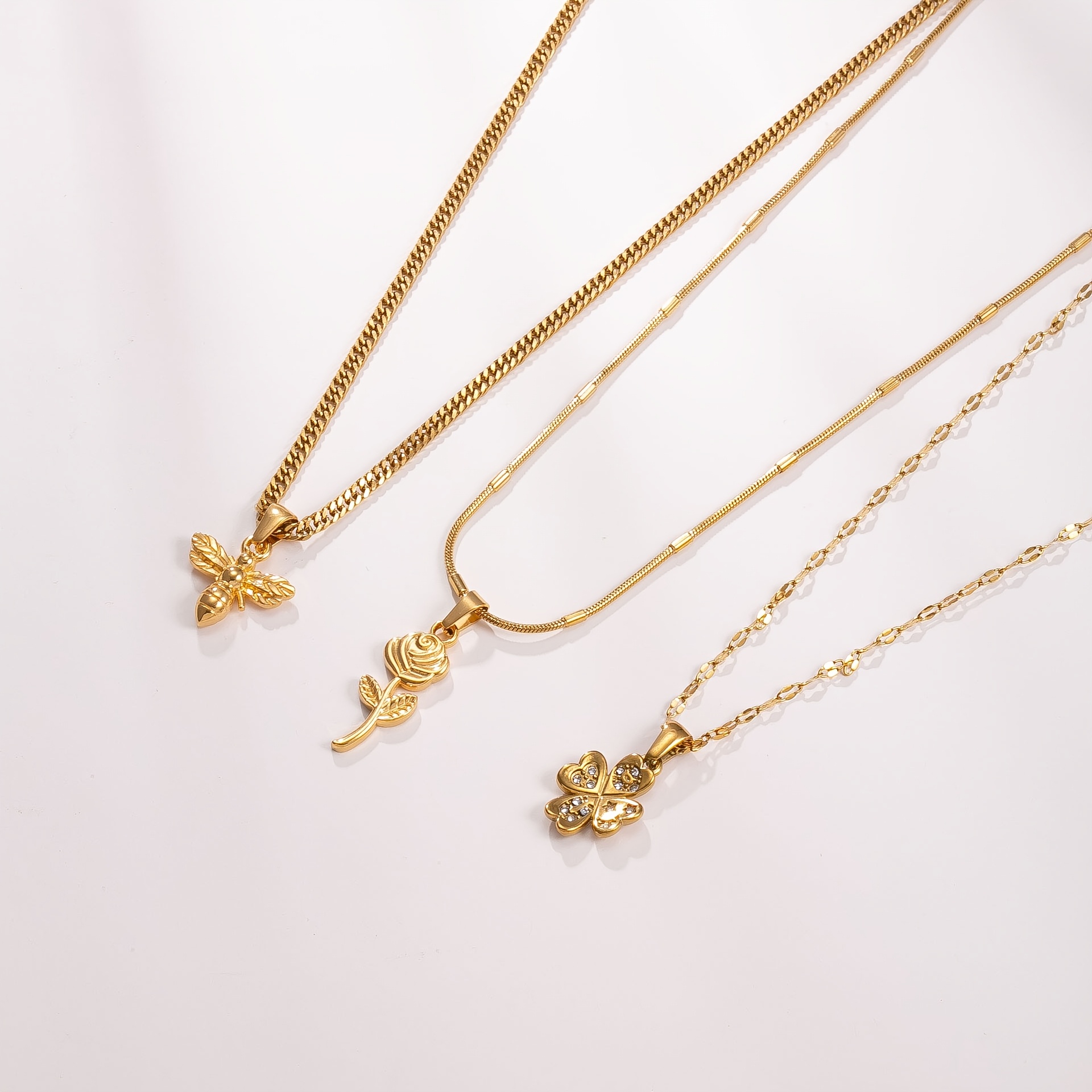 3pcs Floral Insect Stackable Stainless Steel Pendant Necklaces Set