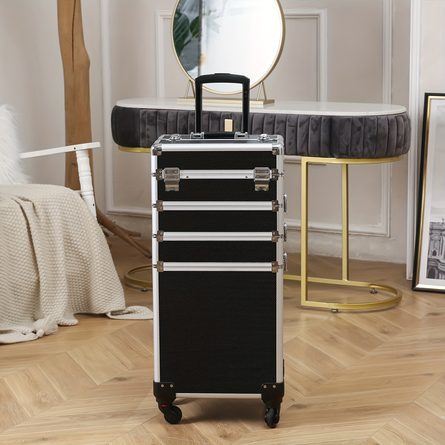 

Professional Aluminum Makeup Case With Design, Large Rolling Makeup Case With Pull Rod, Makeup Travel Storage Box With 360° Rotating Wheels In Pink And Black Colors.