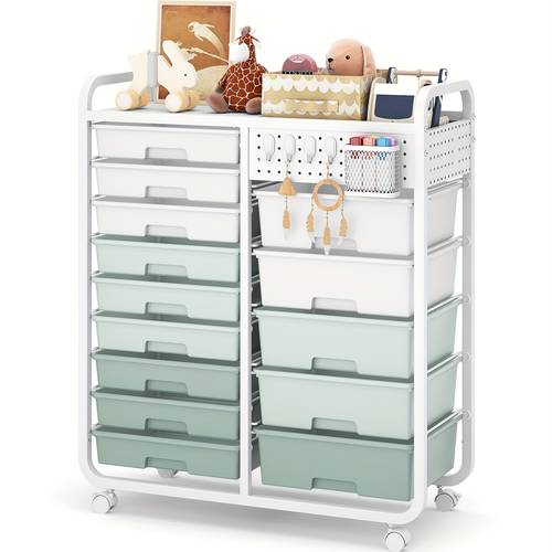 14 drawer rolling storage cart with tabletop pegboard mobile utility cabinet on wheels durable metal organizer with 14 drawers 3 2 cu ft capacity 27 height for home craft art supplies craft storage cart