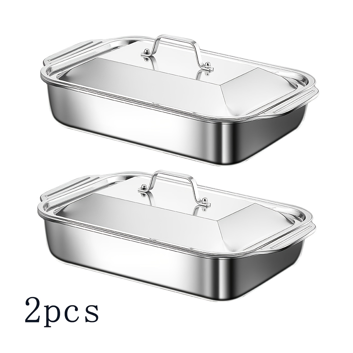 Image of 2pcs Stainless Steel Bbq Fish Pan With Lid, Rectangular Roasting Pan, Multipurpose Dual-handled Tray, Seafood Tray, Perfect For Barbecue And Seafood Buffet, Service, And Holiday Meals
