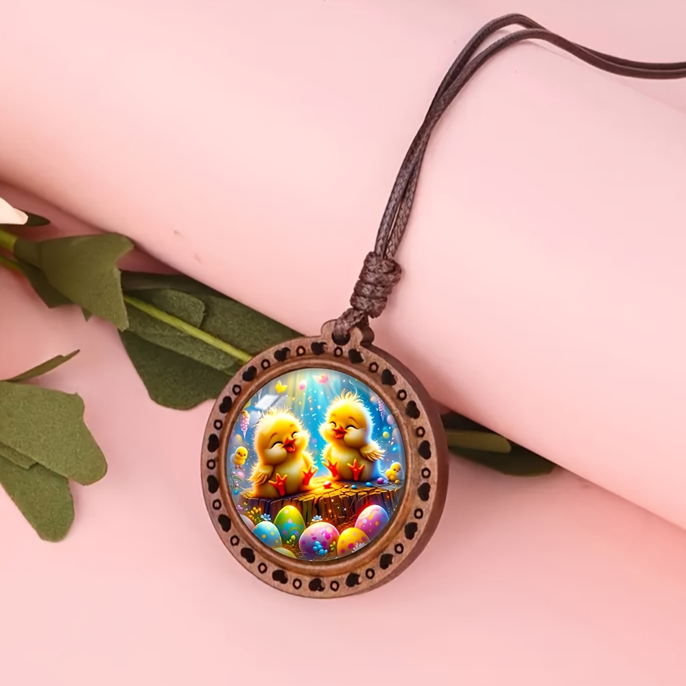 Wooden Spring Chick Easter Egg Heart Necklace, Cute Gift