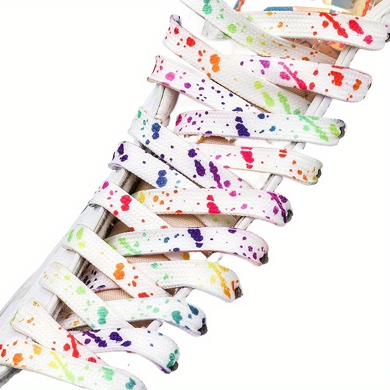 1pair Colorful Splashed Ink Printed Tie Dyed White Shoelaces, Flat Fashionable Shoelaces
