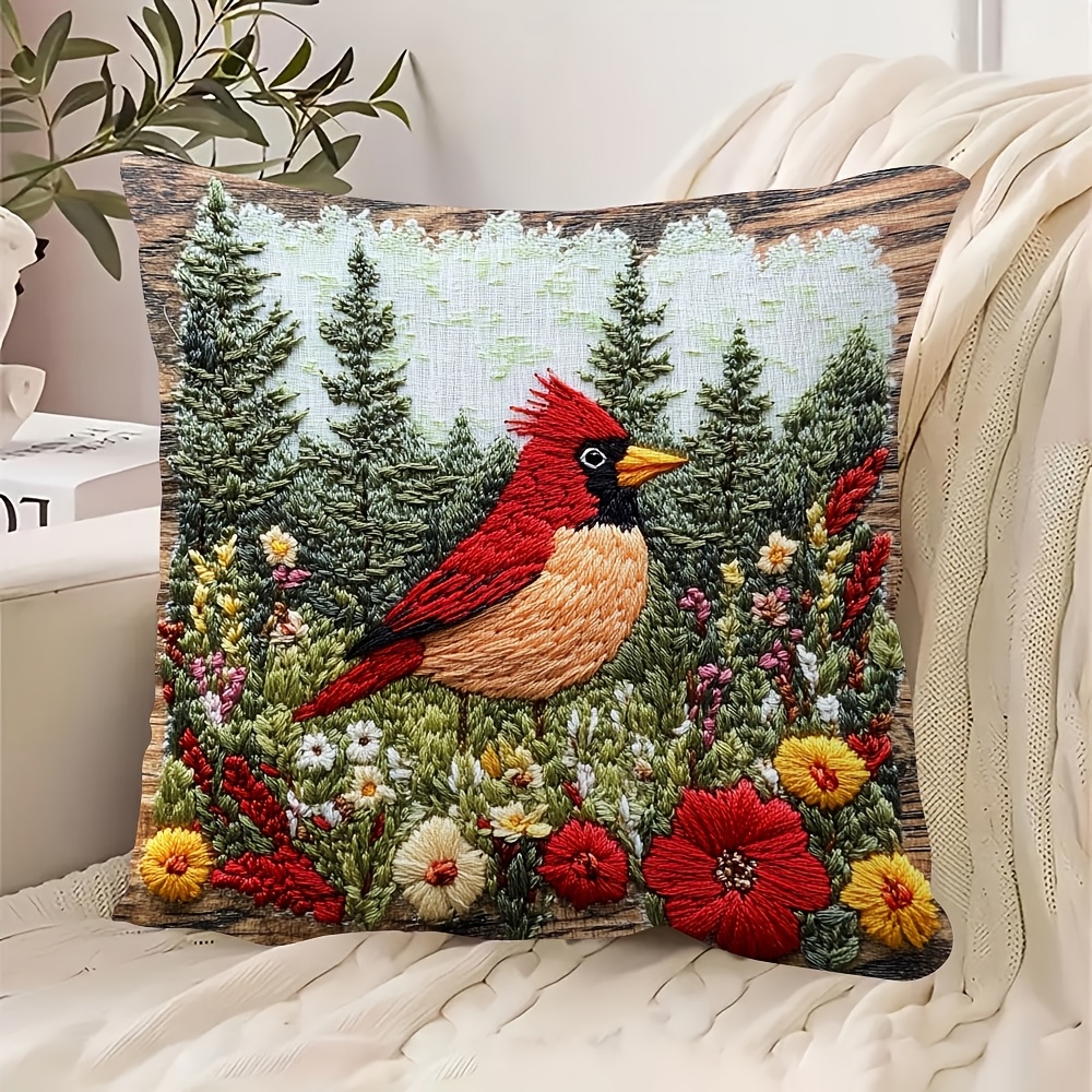 

1pc Qwch6017, 18x18 Inch Contemporary Style Red Bird Embroidery- Short Plush Throw Pillow Cover, Double-sided Design, Hand Wash Only, Zipper Closure, Polyester, For Room Types - No Insert