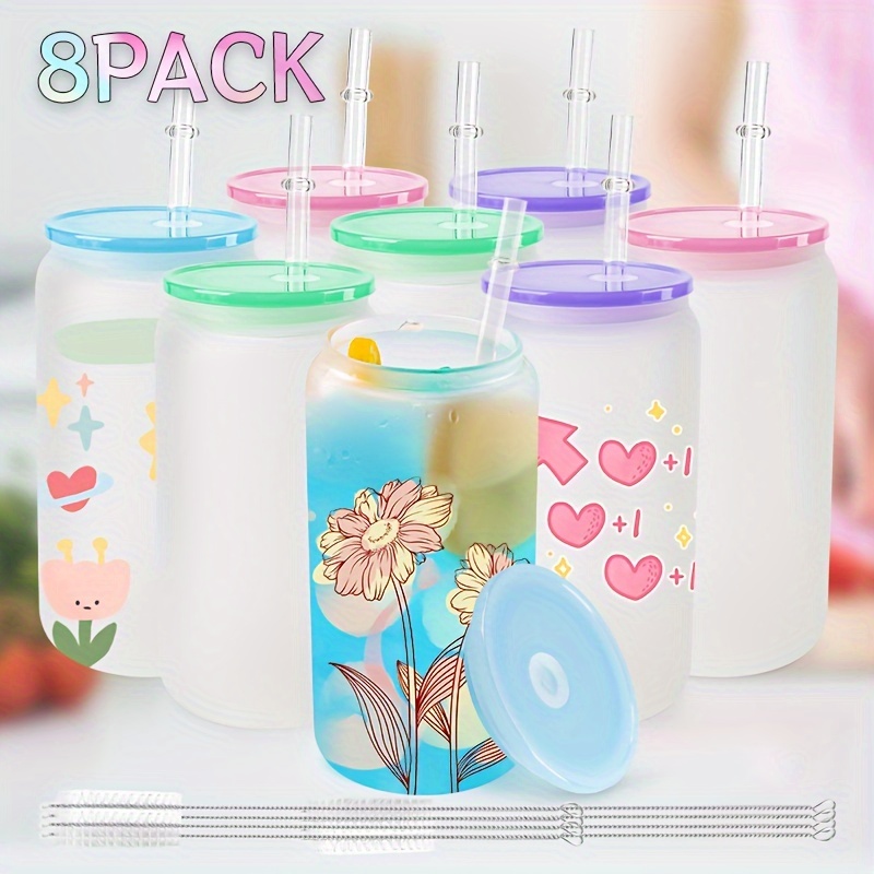 

8 Pack Frosted Sublimation Glass Cups Blanks 16 Oz Borosilicate Tumblers With Acrylic For, Juice, Soda, Iced Coffee