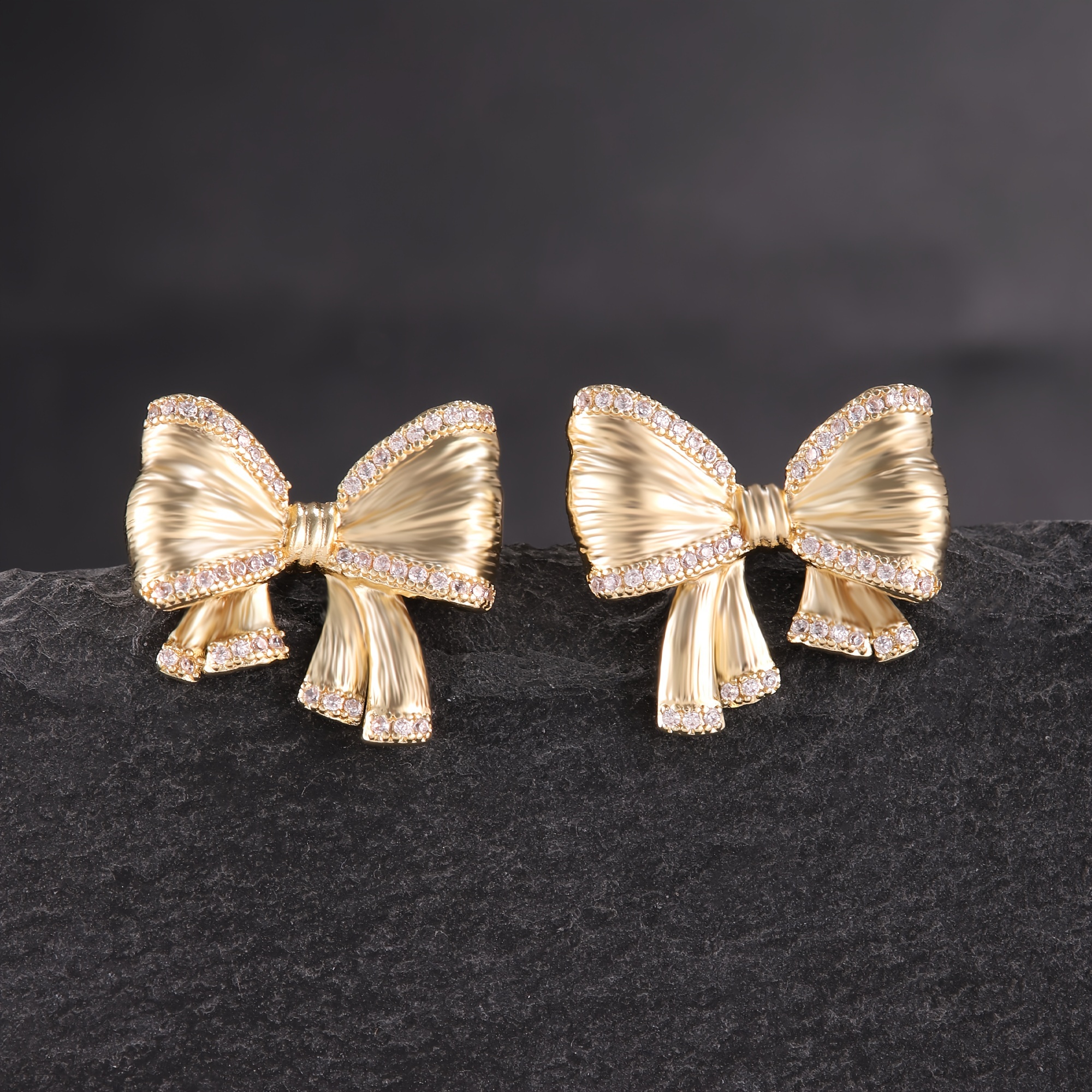 Image of 2pcs Temperament Gold-plated Inlaid Square Zirconia Gold-plated Ladies Bow Stud Earrings Women's Bow Earrings Suitable For Daily And Dating Wear Valentine's Day Gift