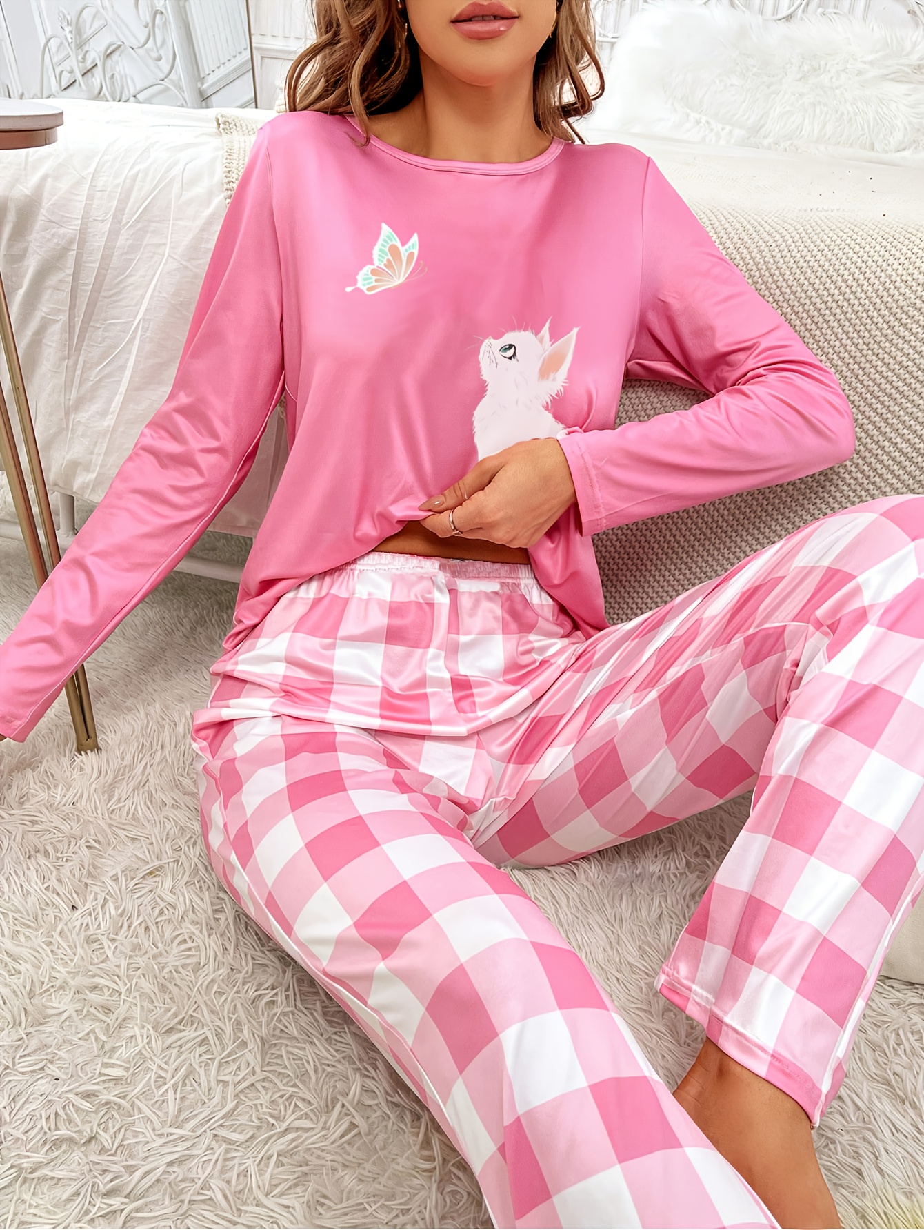 womens cute cat print pajama set long sleeve round Temu Canada