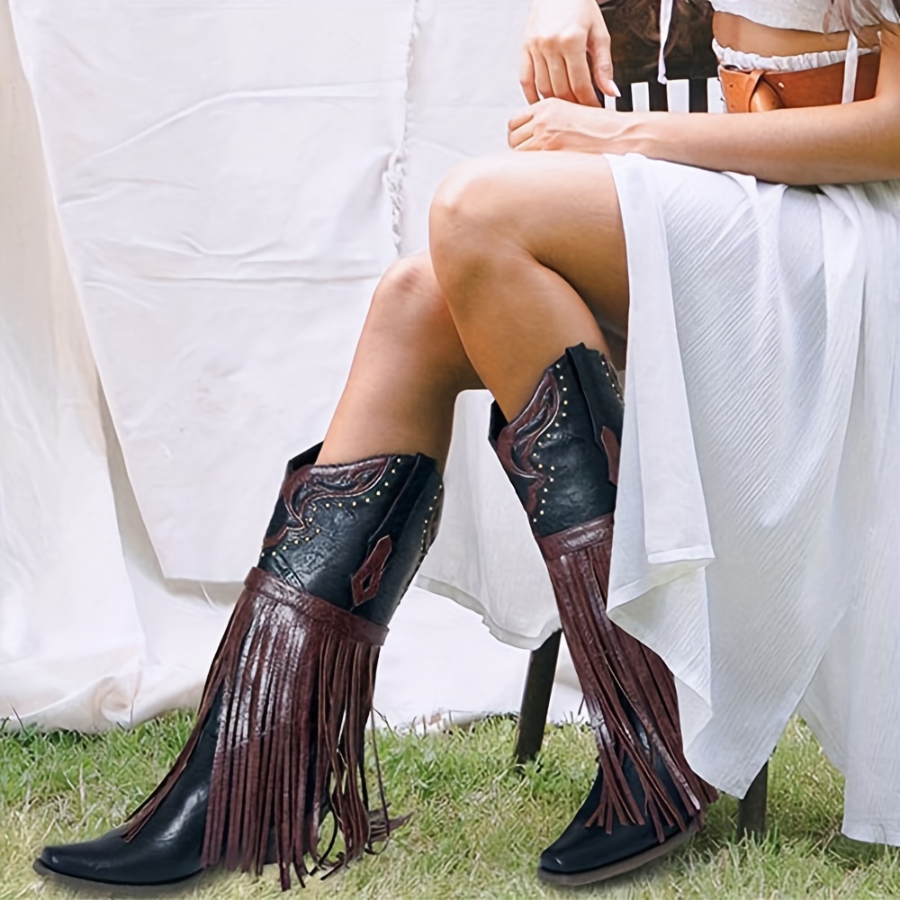 

Western Cowgirl Mid-calf Boots For Women, Fashion Pu Leather Pointed Toe With Embroidery, Chunky Heel, Knee-high, Strap, Pull-on Fringe Shoes