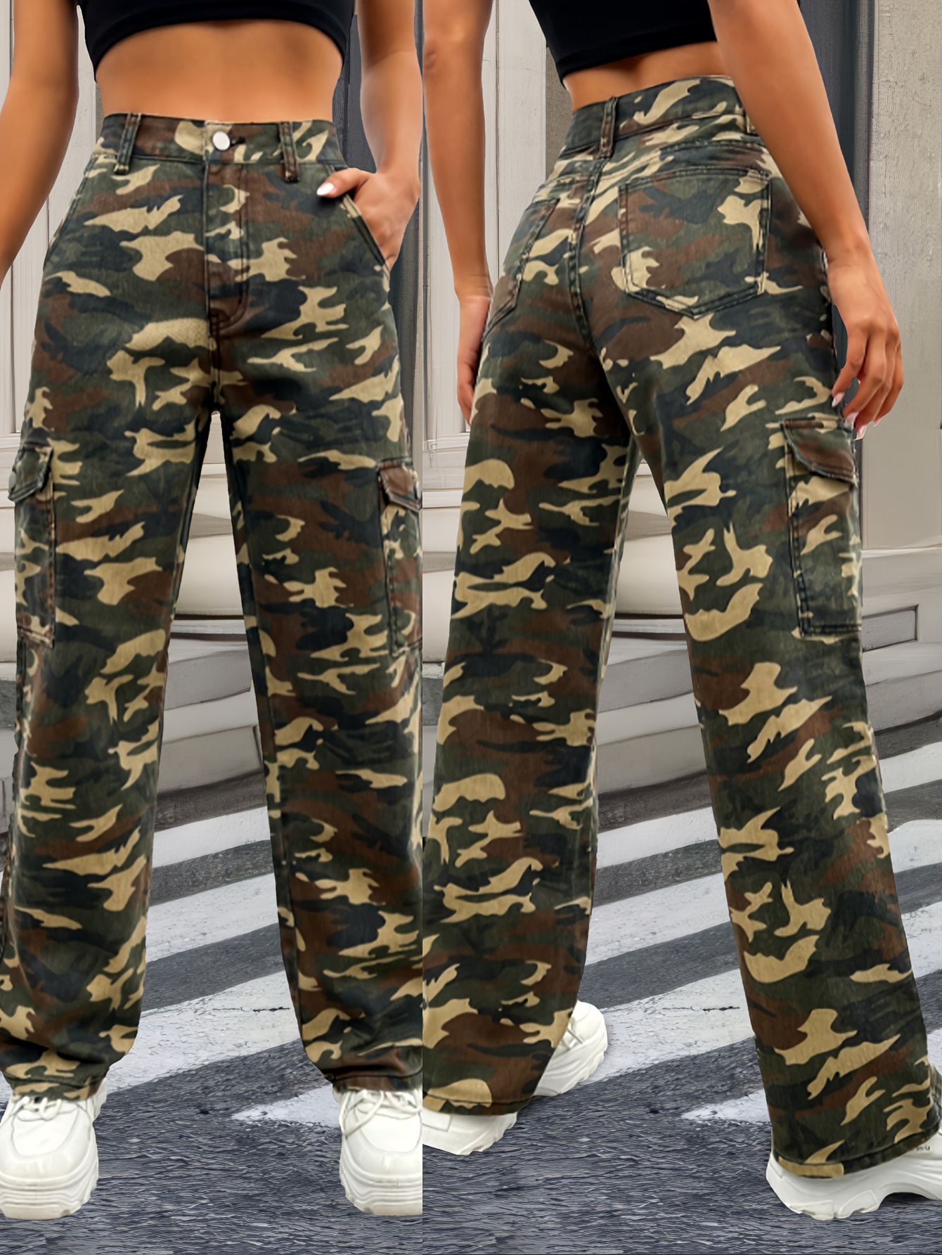 Women's Camo Cargo Denim Pants - Gray/Black Camouflage Print, Straight Leg, Loose Fit, Cotton, Casual Style, Machine Washable, Allseason Trousers | Stylish Casualwear | Durable Denim