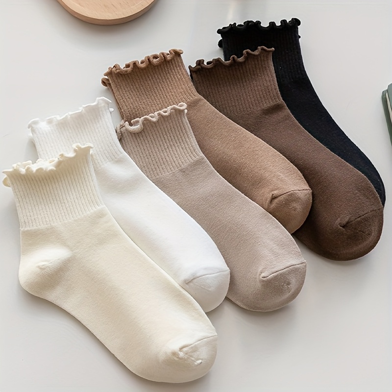 E-shop 6 Paar Damen Einfarbige Rüschen Spitzen Socken mit Kammzug, Lässige Warme Atmungsaktive Socken, Kurze Waden Socken, Weich Bequem, Geeignet für