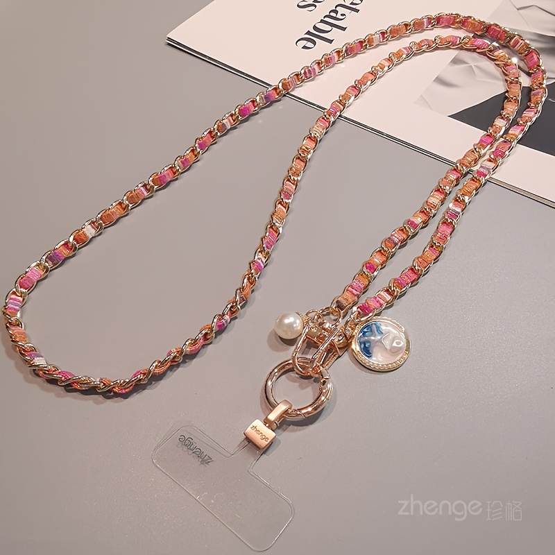 TEMU 2026 New Model, Long Crossbody Phone Strap, Metal Chain With Printed Fabric Band, Fashionable Anti-loss Design For Women, Suitable For Outdoor