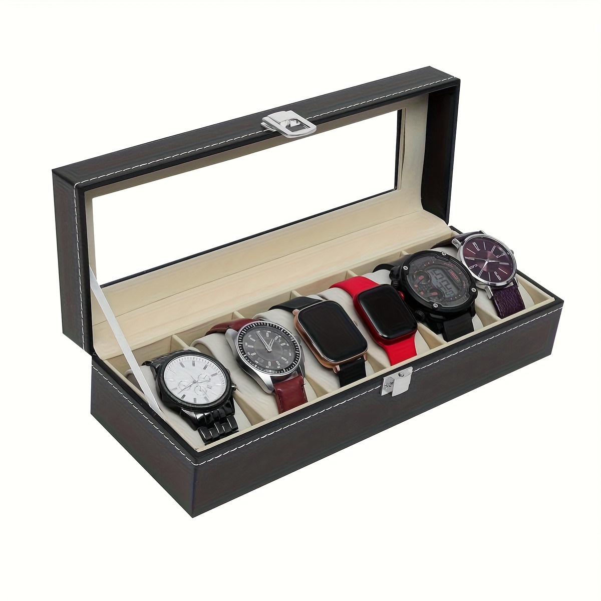 6 slot watch display box storage case with glass lid lockable   organizer cabinet rectangular watch shelf with wood interior for mens womens watch collection for   use Product details 5