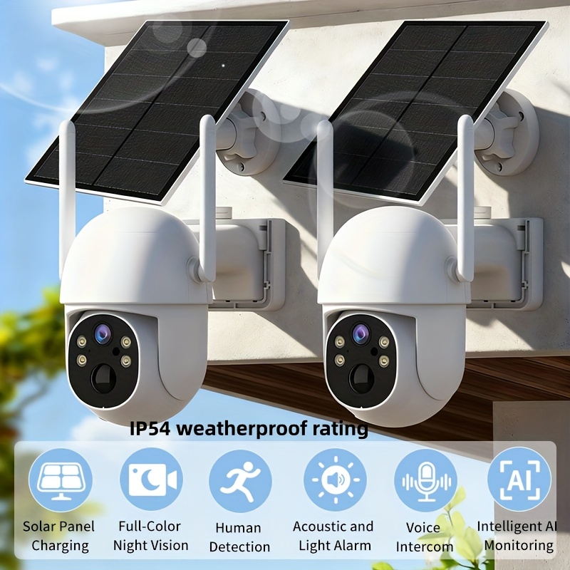 item picture 2-Pack Waterproof Outdoor HD Security Cameras IP54-Rated, Solar-Powered Wireless Cameras Featuring AI Human Detection HD Color Night Vision Dustproof & Waterproof Two-Way Audio Communication Rain-Resistant Design Outdoor Waterproof Security Cameras