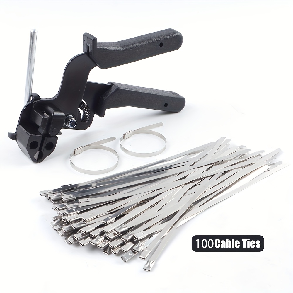   heavy duty 12mm self locking bundling tensioning and cutting tool free 100 metal cable ties 50 of 45cm 50 of 30cm one handed operation integrated cable tie tensioner suitable for cable harness management packaging