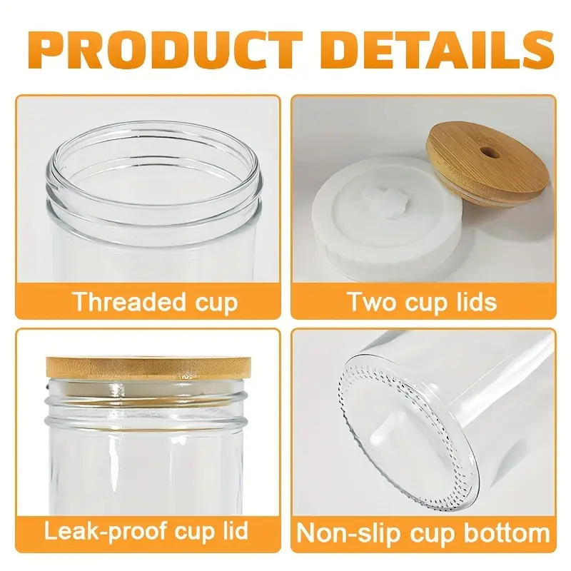 pack of 4 glass cups with bamboo lids and glass straws 24oz glass tumbler with two lid and straw wide mouth boba cup smoothie tumbler iced coffee cup travel mug Product details 4