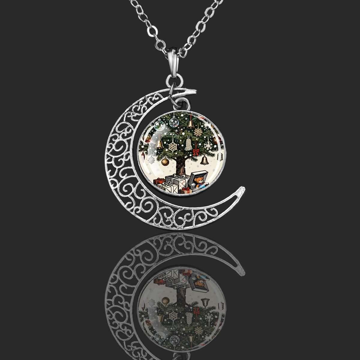 Christmas Tree Scene Crescent Moon Necklace