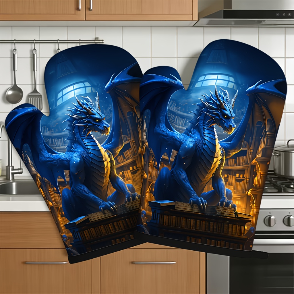 TEMU 2pcs Oven Mitts, 27x17cm. , Ideal For Kitchen, Baking, And Home Use. Features A Dragon Design With A Delicate Texture And A Cool, Aesthetic. A