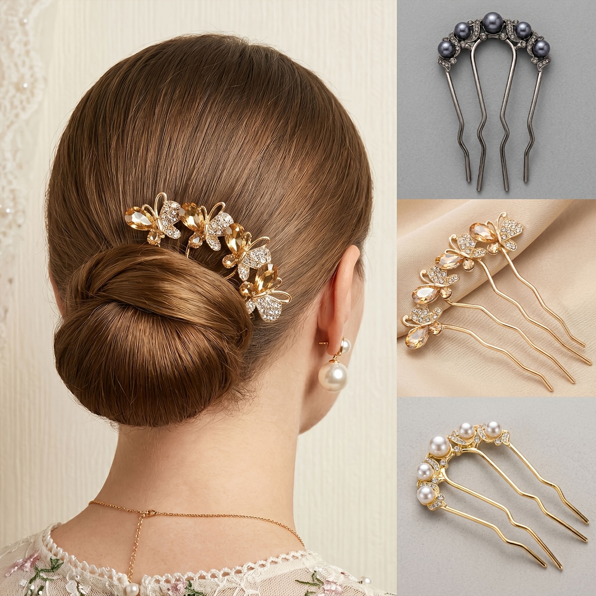 TEMU 3pcs Set Vintage Metal Hair Clips, Inlaid With Rhinestones, Exquisite Bun Forks