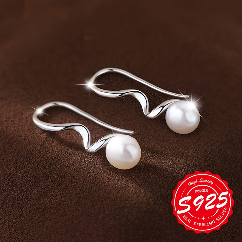 Women's 925 Silver Imitation Pearl Wavy Hook Earrings