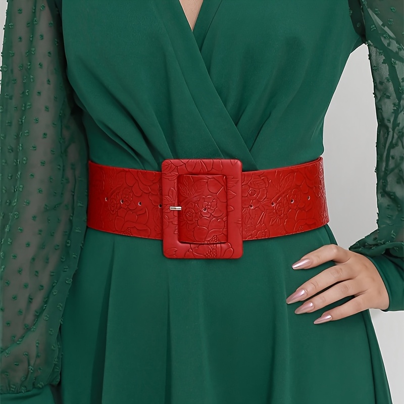 Vintage Red Embossed Wide Belt for Women Adjustable Waistband