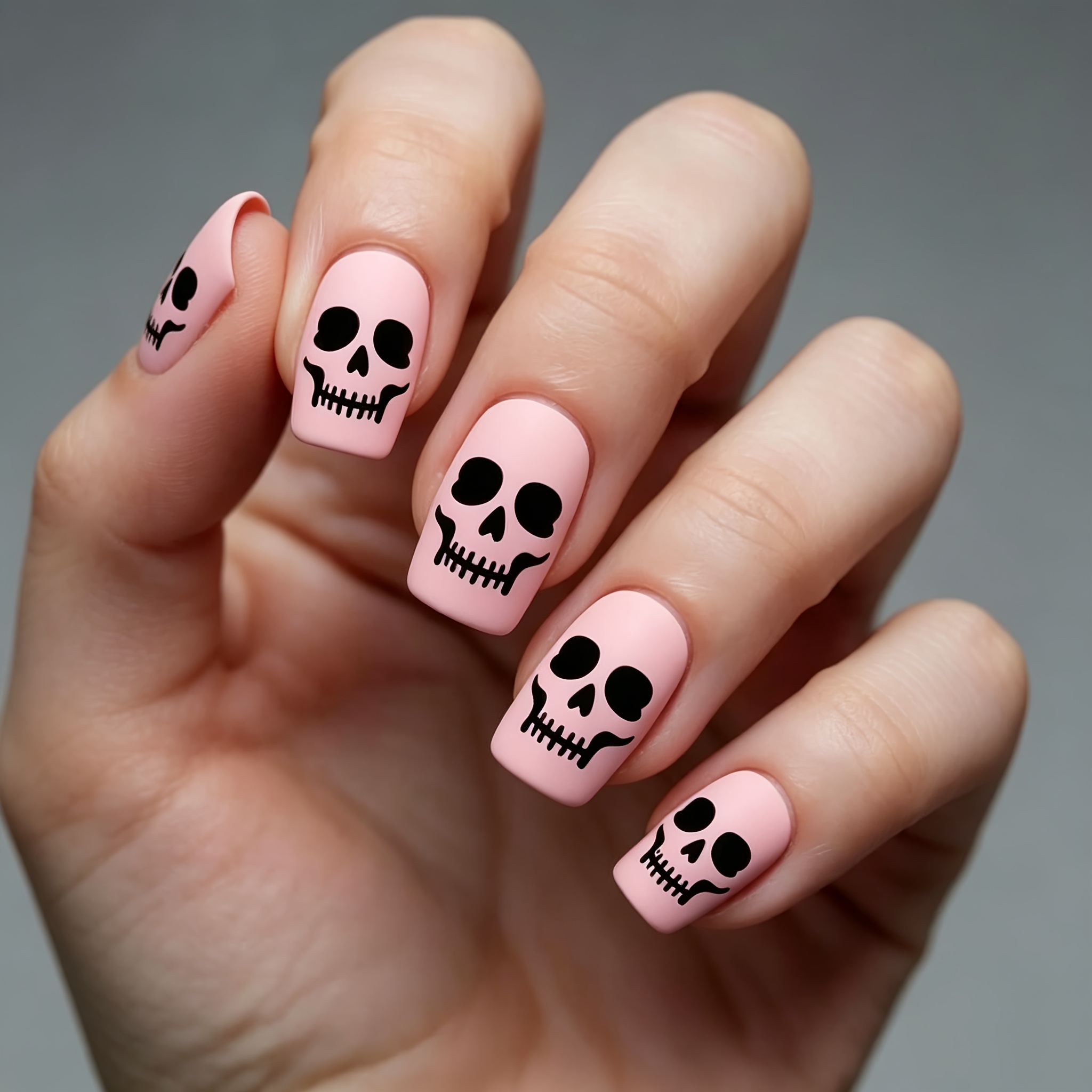 TEMU Matte Foundation Print Press-on Nails, Hot Halloween Beauty, Gentle Nude Nail Art Patches, Pink And Black Head Press-on Nails