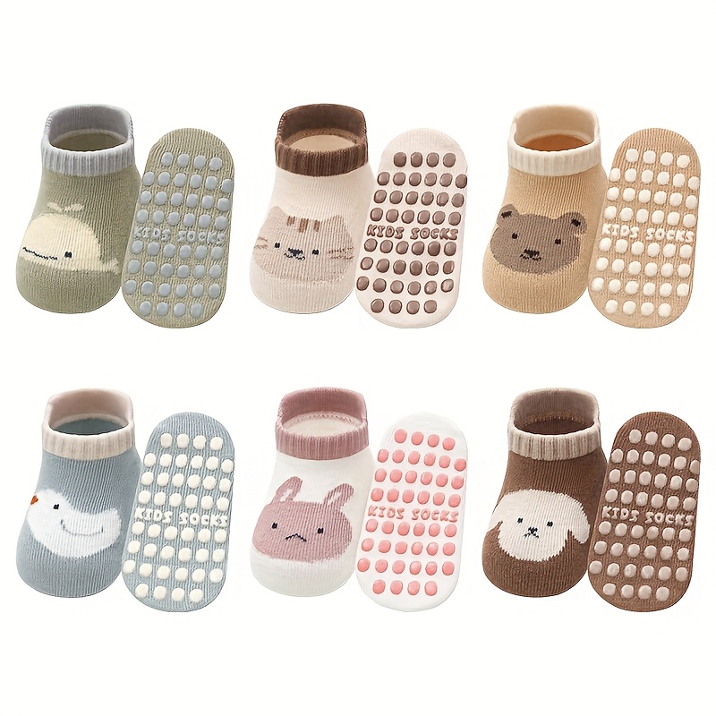 Image of 6 Pairs Non-slip Kids Socks With Cute Cartoon Animal Designs Soft Ribbed Cuffs Breathable For Boys And Girls Toddler Learning To Floor Socks