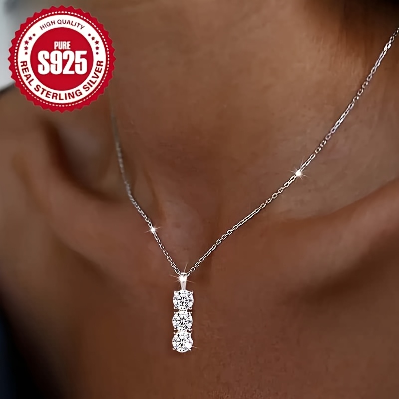 

1pc S925 Sterling Silver Glittering Necklace With Triple Zirconia Pendant, 925 Silver Plated, Synthetic Cubic Zirconia, December Birthstone, Hypoallergenic, , Christmas Gift For Women