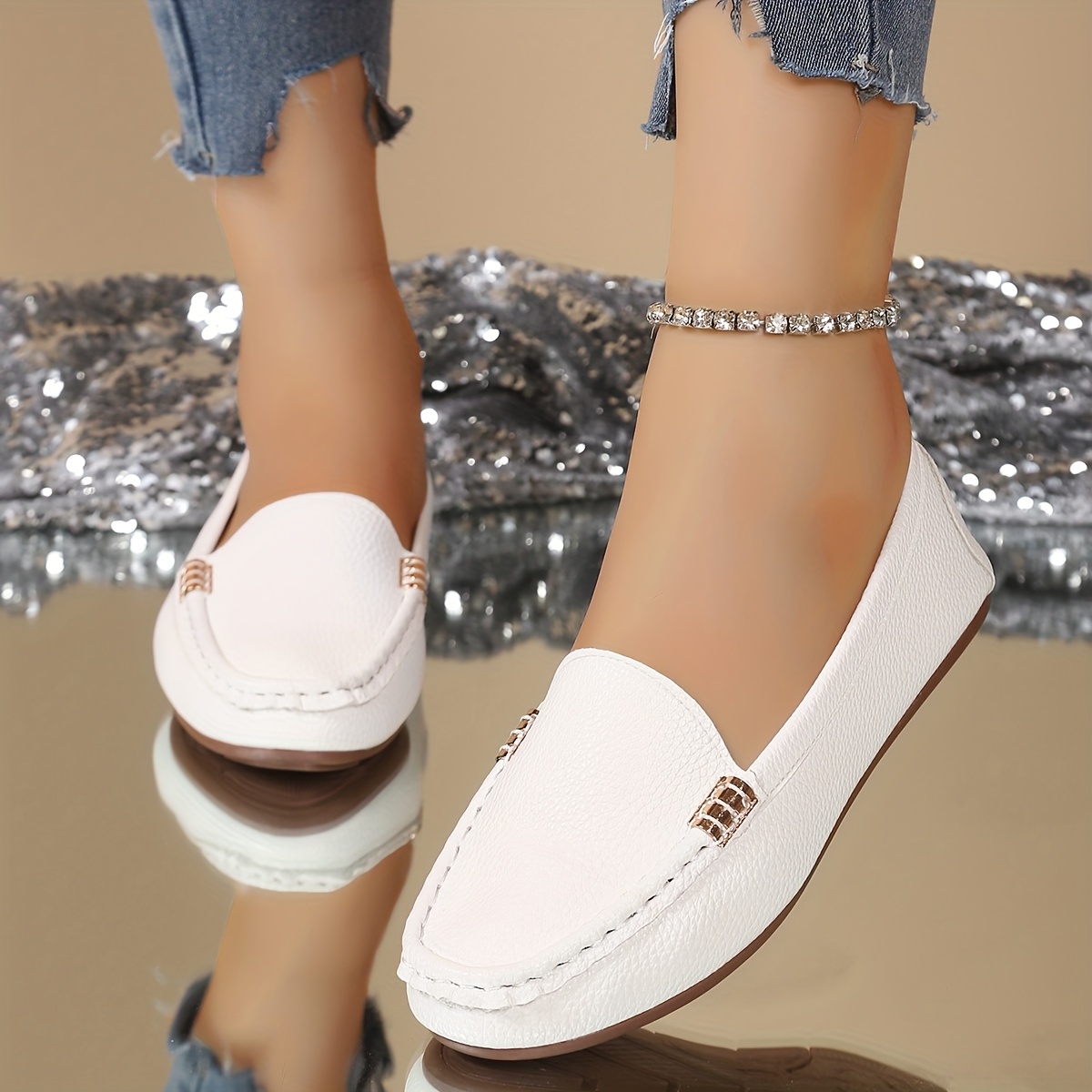 womens white slip penny loafers synthetic cover round toe Temu Oman - Main Image