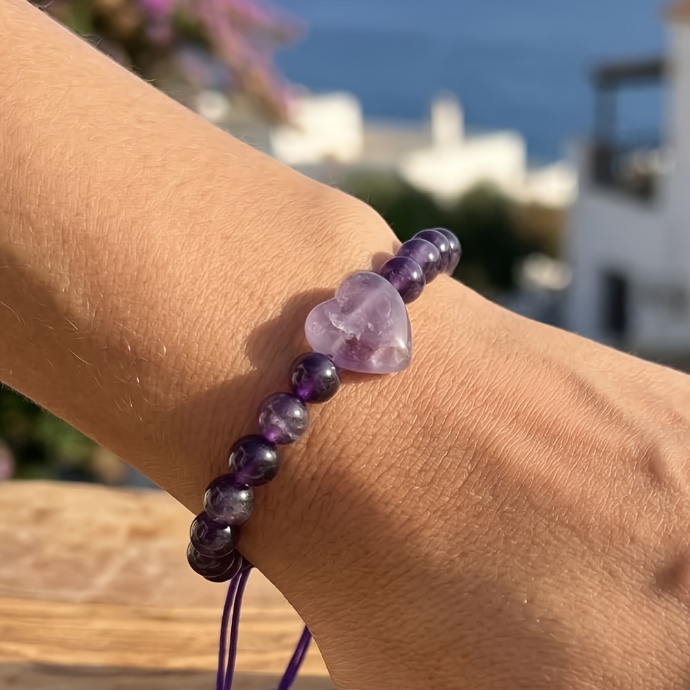 TEMU 1pc Natural Amethyst Handmade Beaded Adjustable Women's Bracelet With Heart-shaped Pendant, Elegant Natural , Suitable For Travel, Vacation,