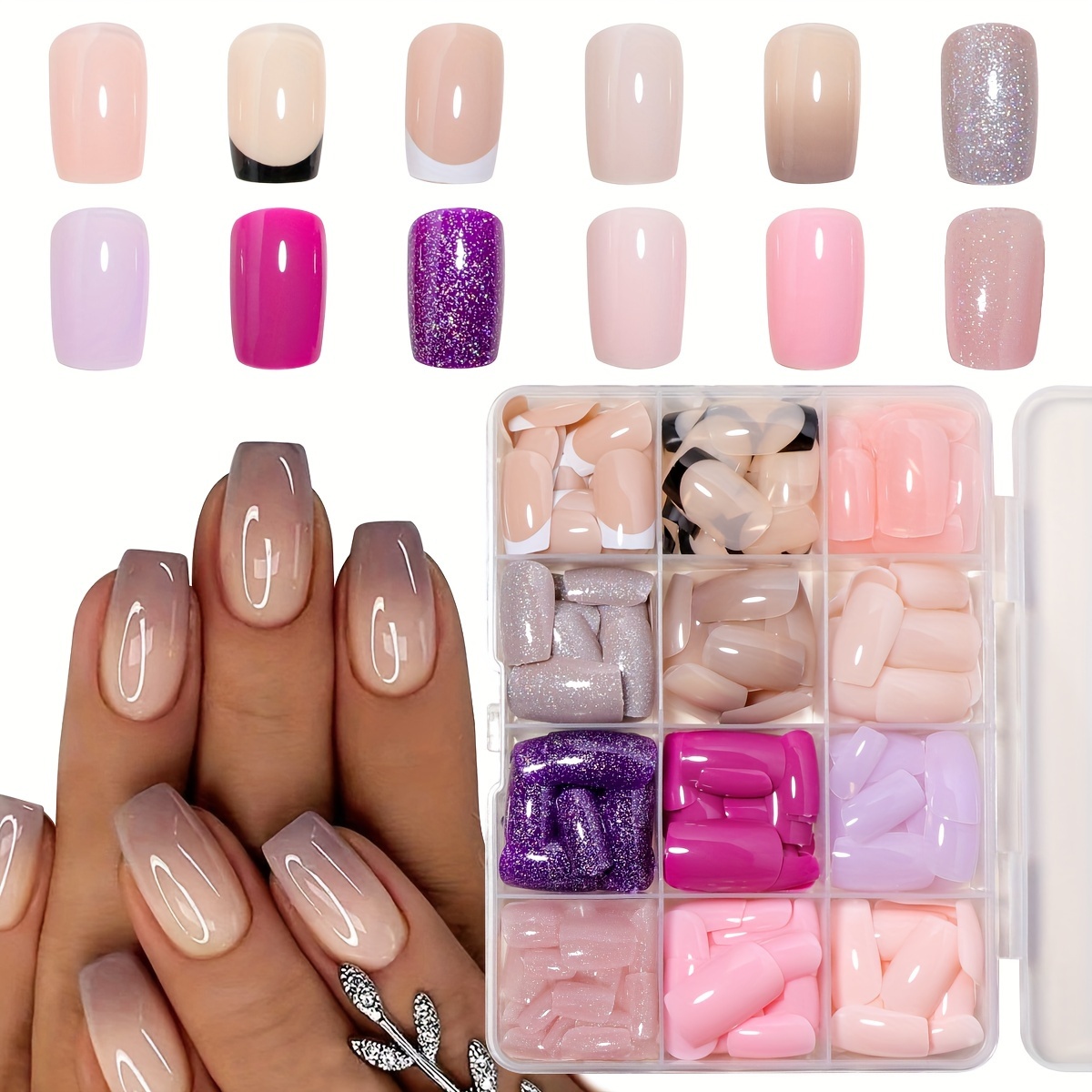 

12pcs Of 288pcs Square Acrylic False Nails Full Cover Glitter False Nails 12 Colors Press-on Nails Small Nails Girl Gift