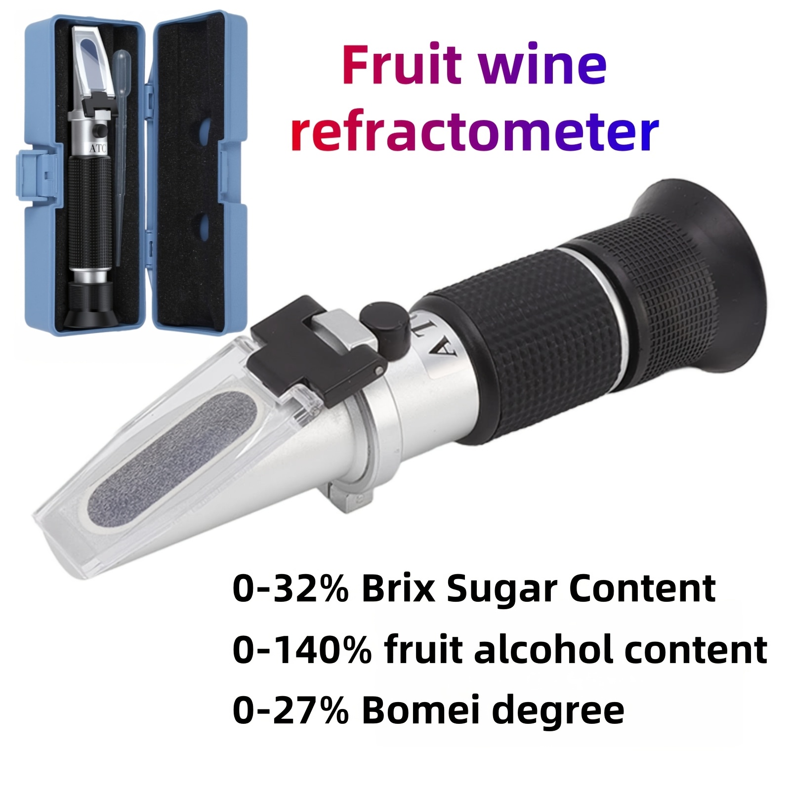 Fruit Wine Refractometer, 3-in-1 Refractometer, Portable , 0-32% Brix, 0-140% Fruit Wine Degree, 0-27% Baume Degree Display Concentration Meter