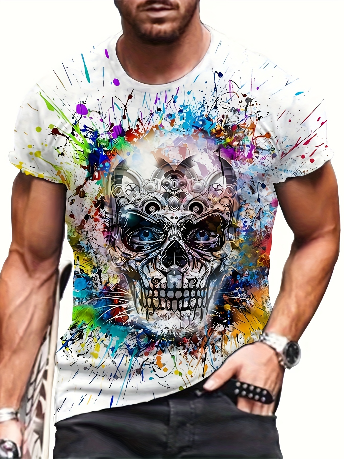 Men's 3D Printed Skull Graphic T-Shirt - Vibrant Colorful Streetwear Design, Breathable Regular Fit Round Neck, Machine Washable Summer Casual Top, Cool Gift for Men, Streetstyle Clothing, Artistic Fashion, Comfortable Fabric, PLUS SIZE