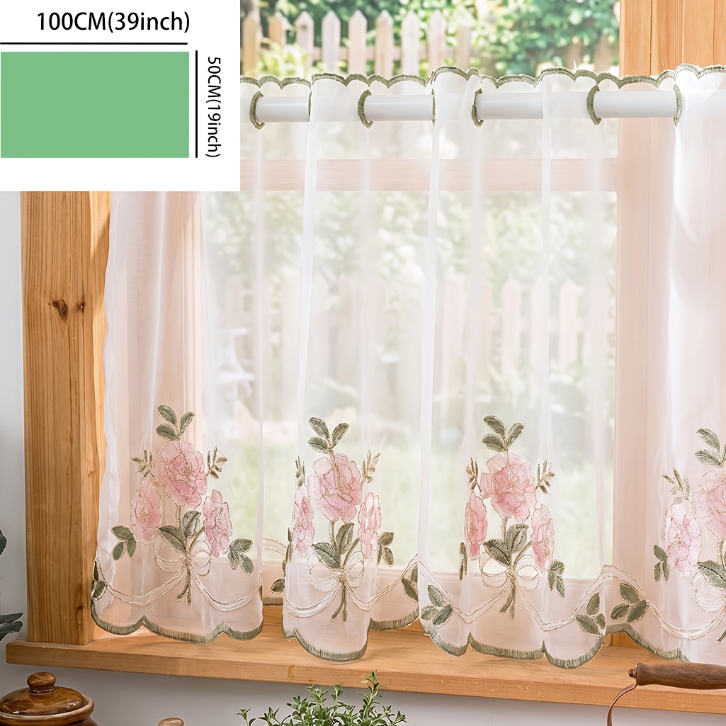 TEMU 1pc Pink Rose Embroidery Green Grass Short Sheer Curtain Light Permeable Non-transparent Kitchen Cabinet Blocking Half Curtain Bay Window Edge