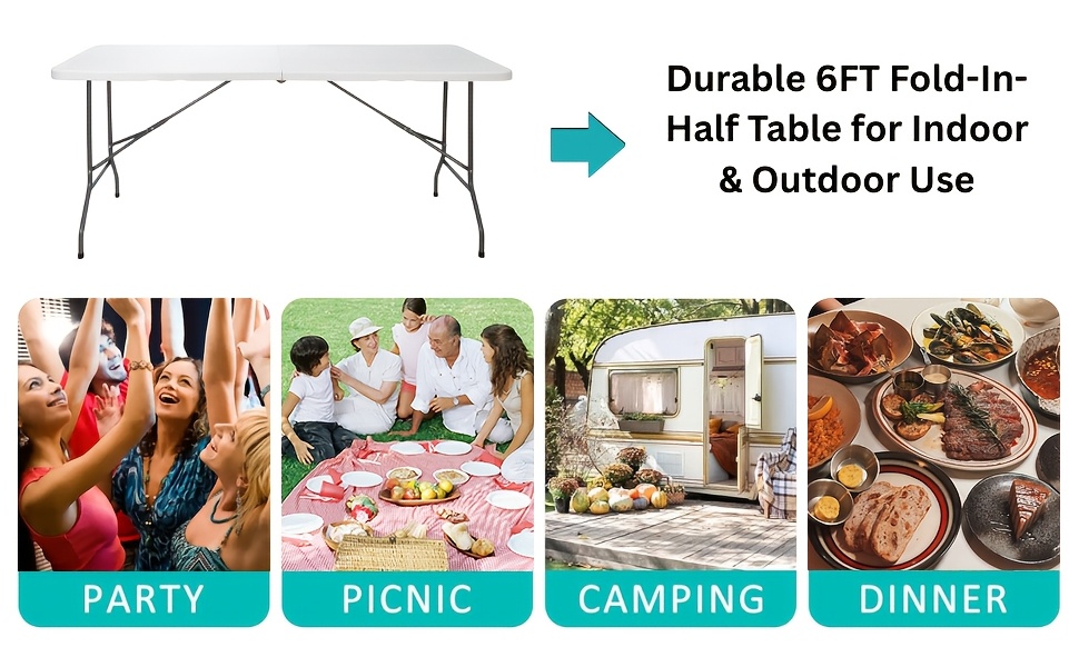 6FT Folding Table, 6 Foot Folding Table Heavy Duty, Portable Plastic Folding Table with Handle, Fold in Half Table for Indoor Outdoor Use, Fold Up Table for Camping Dining Party Picnic Events