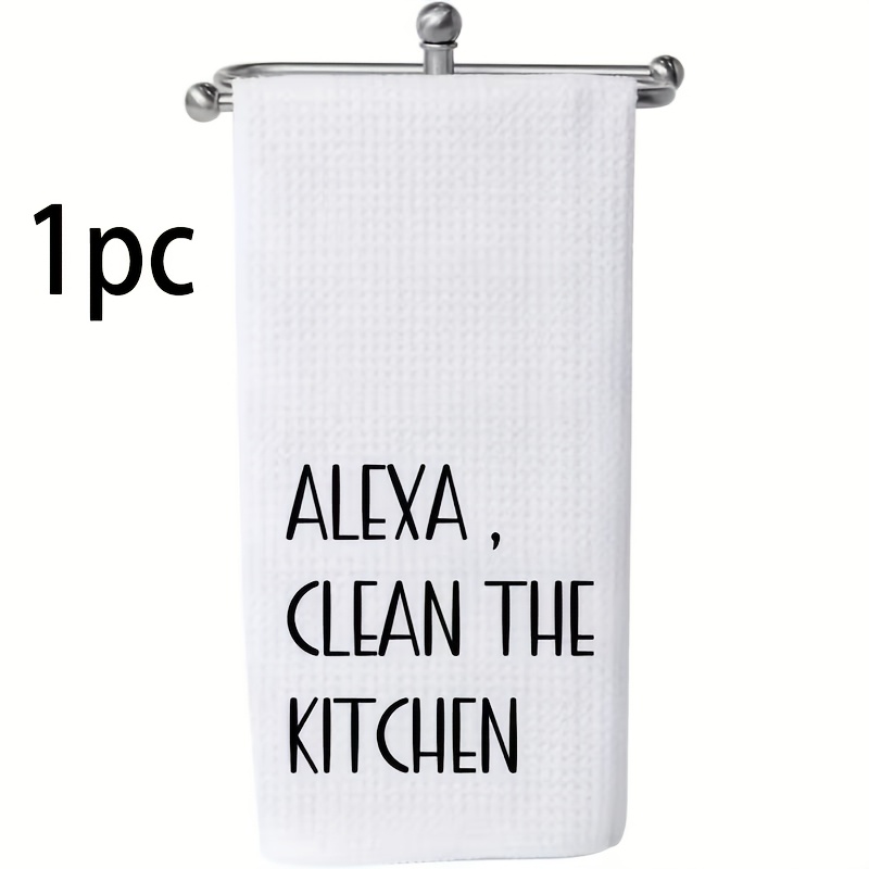 Image of 1pc/2pcs Fun ", Clean The Kitchen" Cartoon Striped Kitchen Towel - White Polyester Fiber, Black Text, Machine Washable, Perfect Thanksgiving Housewarming Or Hostess Gift\kitchen Decor And Accessories