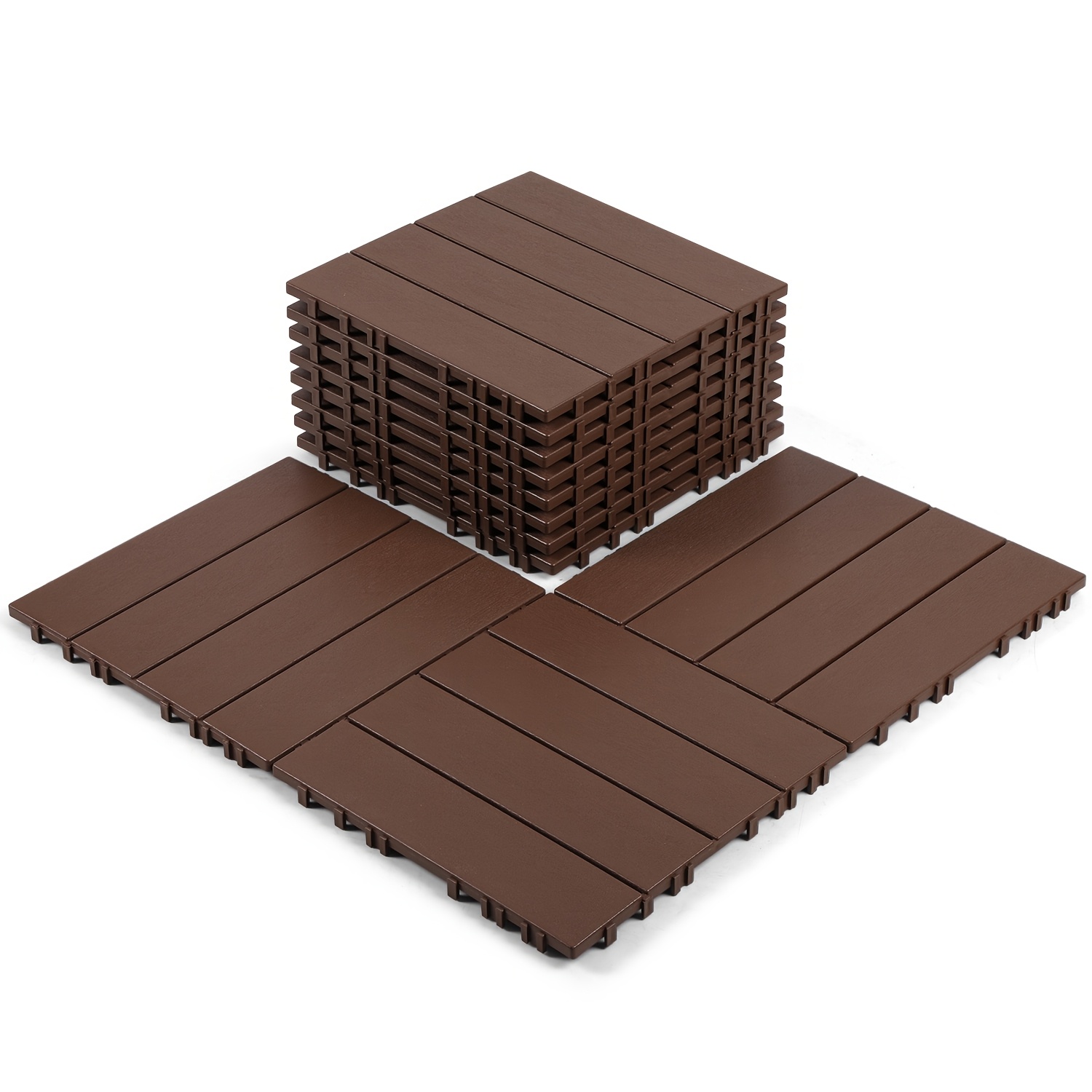 Set Of 66 Balcony Floor Tiles: 30 X 30 Cm Interlocking Tiles, 2 Cm Thick, With Drainage Features, Suitable For , Patios, And Gardens. Covers An Area Of 6 Square Meters. In Reddish-brown And
