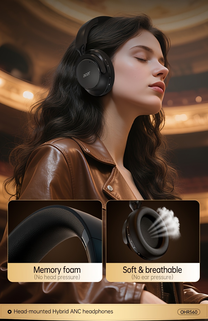 Casque sans fil Acer Ohr560 | Circum-aural avec suppression du bruit ANC, conception d'oreille à couverture complète, pliable, microphone à condensateur intégré, son stéréo Hi-Fi, réduction du bruit des appels HD ENC, compatible avec câble audio 3,5 mm, chargement USB