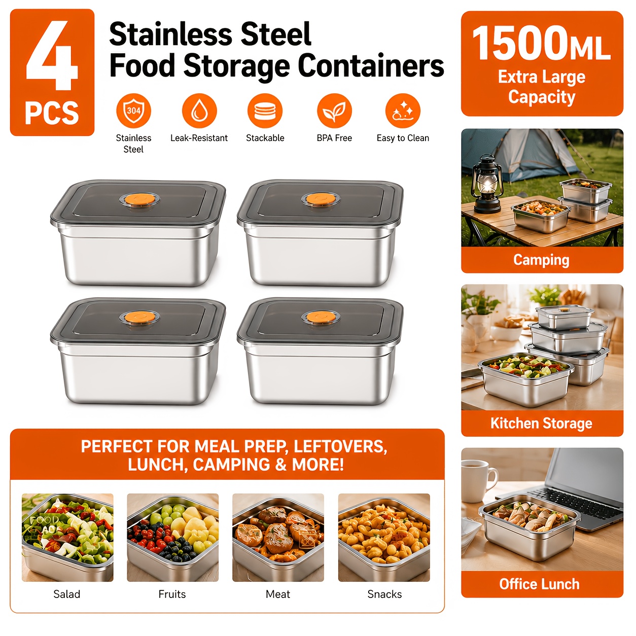 TEMU 4pcs Stainless Steel Food Storage Containers With Lids, Meal Prep Containers For Kitchen, Fridge And Lunch