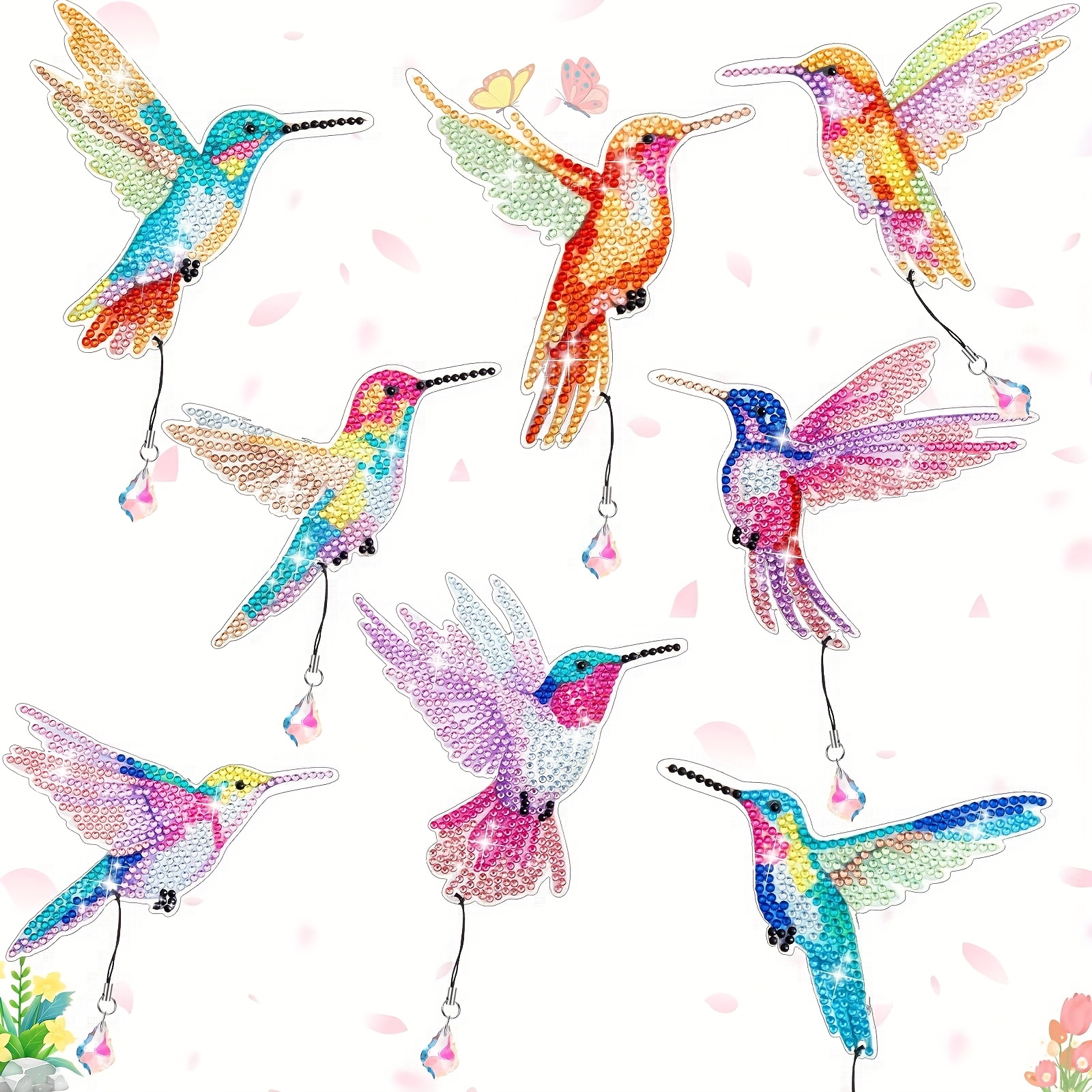 Image of 8pcs Of Exquisite And Colorful Hummingbird Pattern Diamond Painting Bookmarks, Featuring Crystal Pendants. Handcrafted Pieces Are Perfect For Reading Enthusiasts, Making Great Gifts For